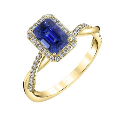 Yellow Gold Halo Ring Emerald Shaped Sri Lankan Sapphire 3 Carats