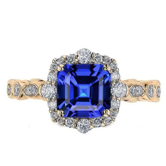 Yellow Gold Halo Ring Flower Style Asscher Blue Sapphire 4.50 Carats