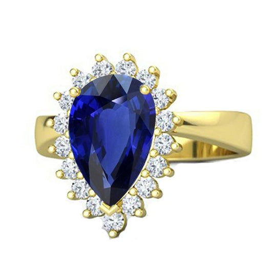 Yellow Gold Halo Ring Flower Style Ceylon Sapphire & Diamonds 4 Carats