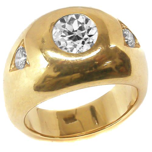 Yellow Gold Men's Ring Old Cut Round Diamonds Three Stone 2.25 Carats