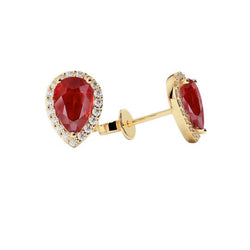 Yellow Gold Pear Cut Ruby With Natural Earth Mined Diamond 4.40 Carats Stud Earrings