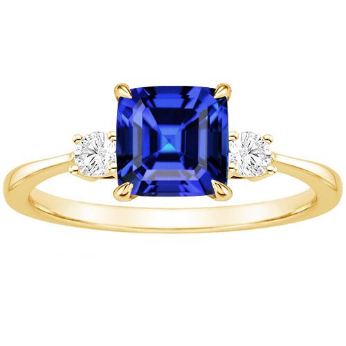 Yellow Gold Round Diamond & Cushion Blue Sapphire Ring 2.75 Carats New