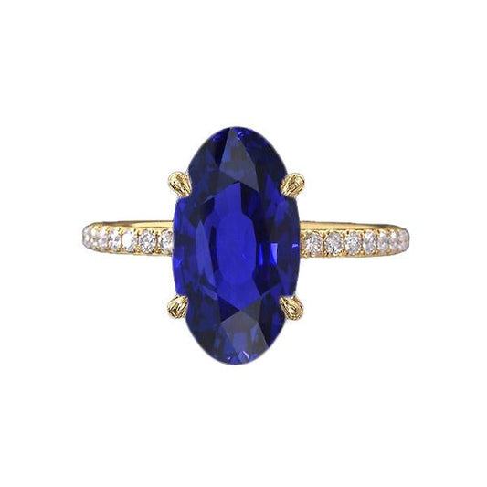 Yellow Gold Solitaire Oval Blue Sapphire Ring With Accents 4 Carats