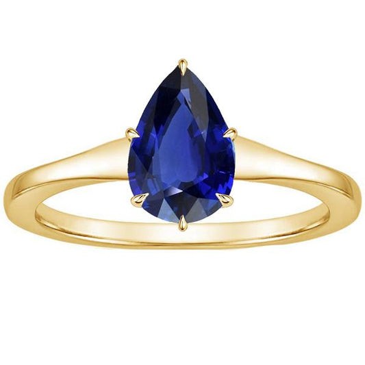 Yellow Gold Solitaire Ring Teardrop Style Ceylon Sapphire 2.50 Carats