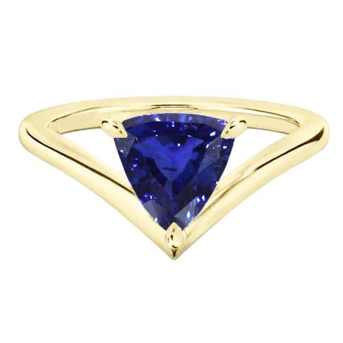 Yellow Gold Solitaire Ring Trillion Sapphire 1.50 Carats Prong Set