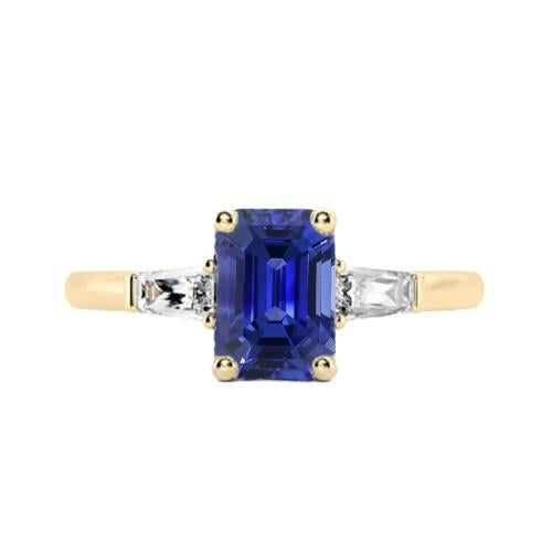 Yellow Gold Three Stone Ring Emerald Blue Sapphire 2.50 Carats