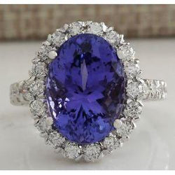 Big Tanzanite And Diamonds 18 Carats Wedding Ring White Gold 14K