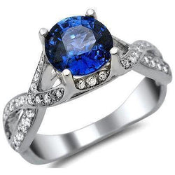 Ceylon Sapphire And Round Natural Earth Mined Diamonds 3 Ct Ring White Gold 14K