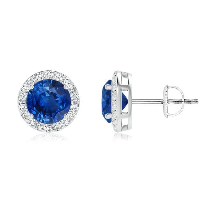 Ceylon Sapphire Stud Earring Round Diamond 4 Carats White Gold 14K