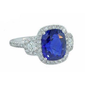 Cushion Cut Sri Lankan Sapphire Diamond Ring White Gold 14K 5 Ct
