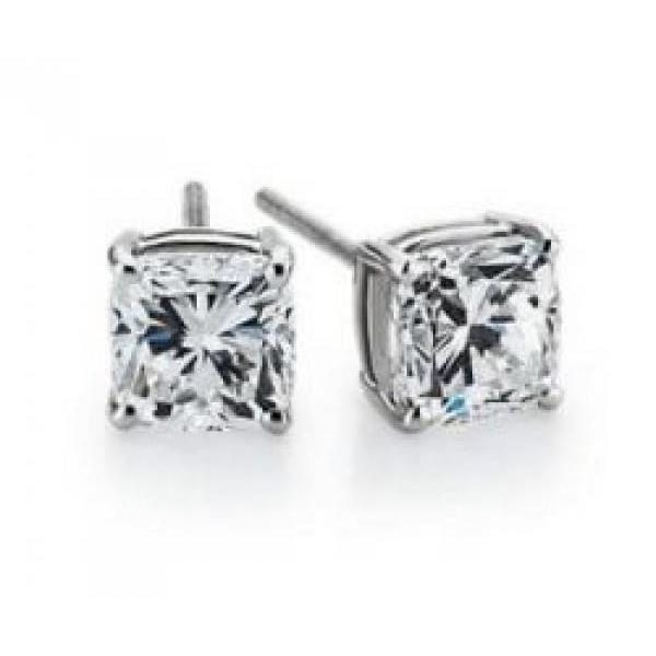 Cushion Cut Stud Diamond Ladies Earrings 2 Carats White Gold