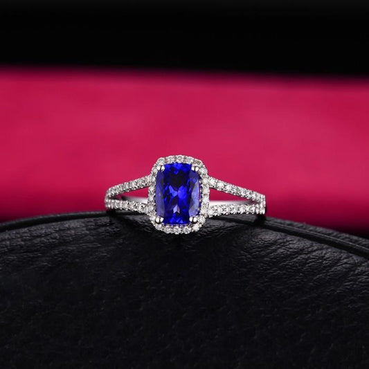 Cushion Shaped Cut Ceylon Sapphire Round Diamond Wedding Ring