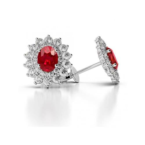 Flower Style 6 Ct Red Ruby With Diamonds Studs Earrings White Gold