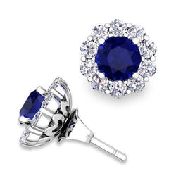 Ladies Studs Earring 6 Carats Sapphire And Natural Earth Mined Diamonds Gold White 14K