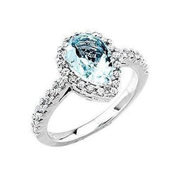 Pear Shape Aquamarine And Natural Earth Mined Diamonds 14 Ct Wedding Ring White Gold 14K