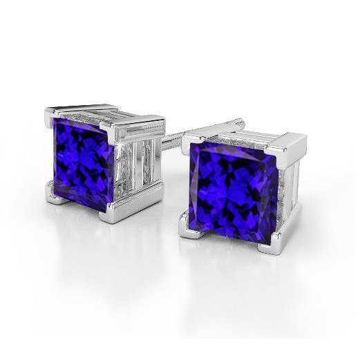 Princess Cut 8 Ct Blue Tanzanite Studs Earrings 14K White Gold New