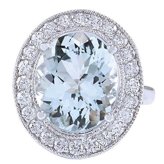 Prong Set 11 Ct Round Aquamarine And Diamonds Ring White Gold 14K