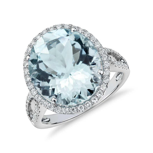 Prong Set Round Cut 12 Ct Aquamarine And Diamonds Ring Gold White