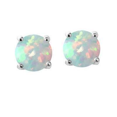Prongs Set Round Cut 14 Carats Opal Studs Earrings White Gold 14K