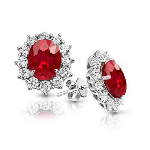 Ruby And Diamond 7 Carats Red Stud Halo Earring White Gold Jewelry