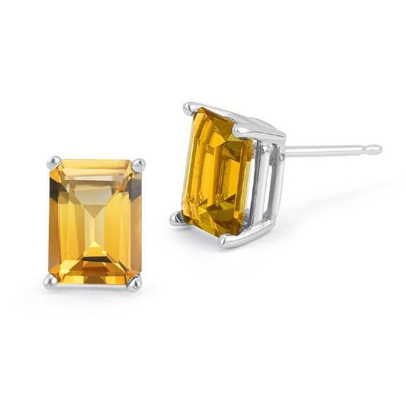 Solitaire Emerald Cut Citrine 44 Ct Studs Earrings White Gold 14K