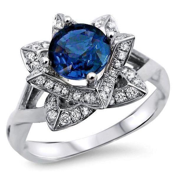 Sri Lanka Sapphire With Diamonds 3 Ct Flower Ring White Gold 14K