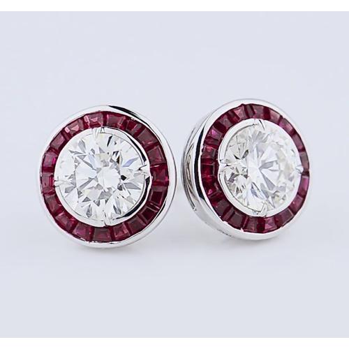 Stud Diamond Earrings 4 Carats Burma Ruby White Gold 14K