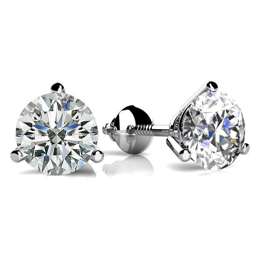 Three Prong 2 Carats Round Cut Diamonds Stud Earring White Gold 14K