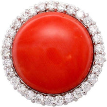 White Gold 14K 15 Carats Red Coral And Diamonds Engagement Ring