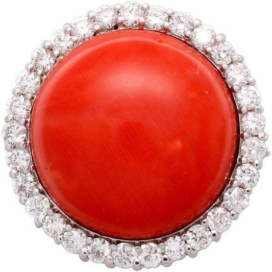 White Gold 14K 15 Carats Red Coral And Diamonds Engagement Ring