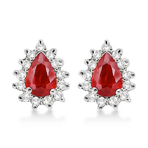 White Gold 14K Red Ruby And Diamond Halo Stud Women Earring 5 Ct